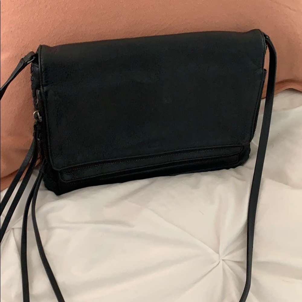 All Saints black leather midsized crossbody purse